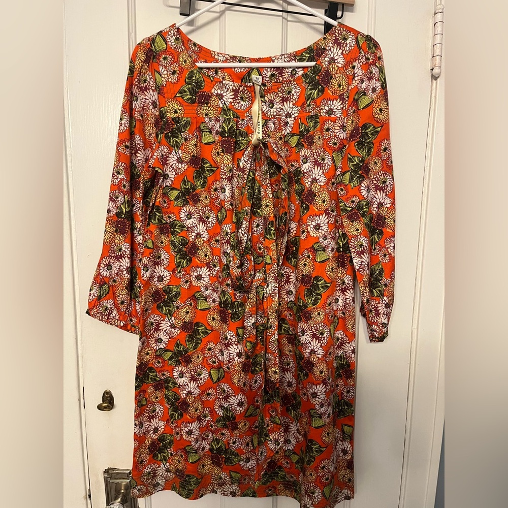 Uncle Frank Orange Floral Shift Retro 60s 70s Cotton Long Sleeve Dress M Anthro